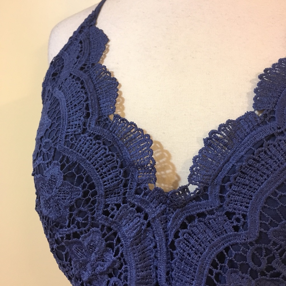 Indigo Floral Crochet Lace Strappy Open Cross Back Romper - Picture 6 of 8